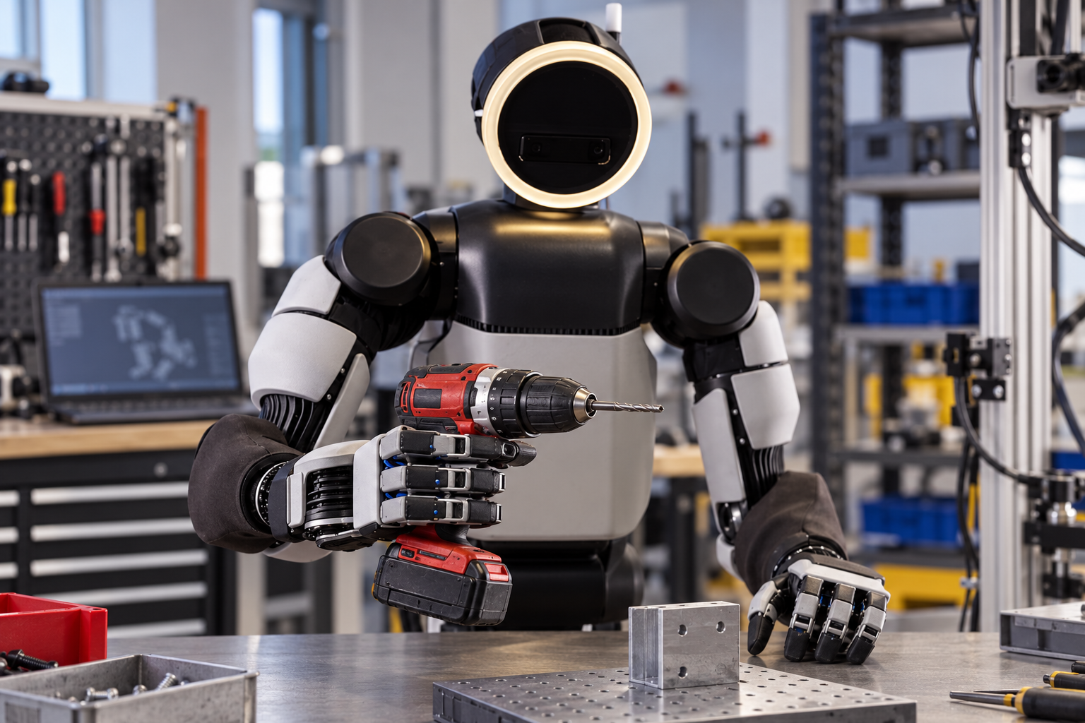 Four-finger Boston Dynamics Atlas hand holding a cordless drill in a robotics lab – AI illustration [Image content created with AI]