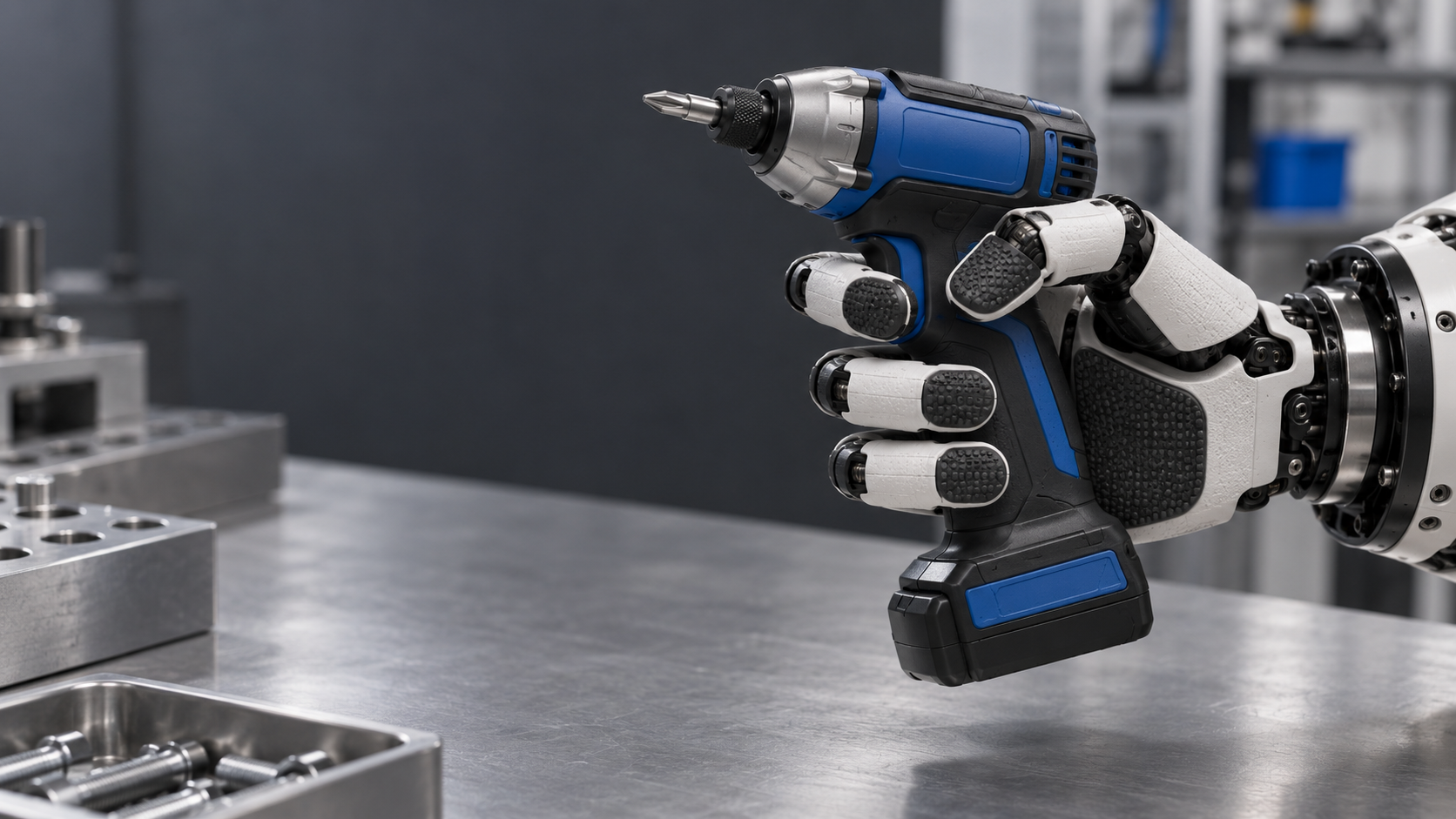 KI-Illustration nach dokumentierten Konstruktionsmerkmalen: vierfingrige Roboterhand greift einen Akkuschrauber in einer Werkstatt. [Bildinhalt mit KI erstellt]