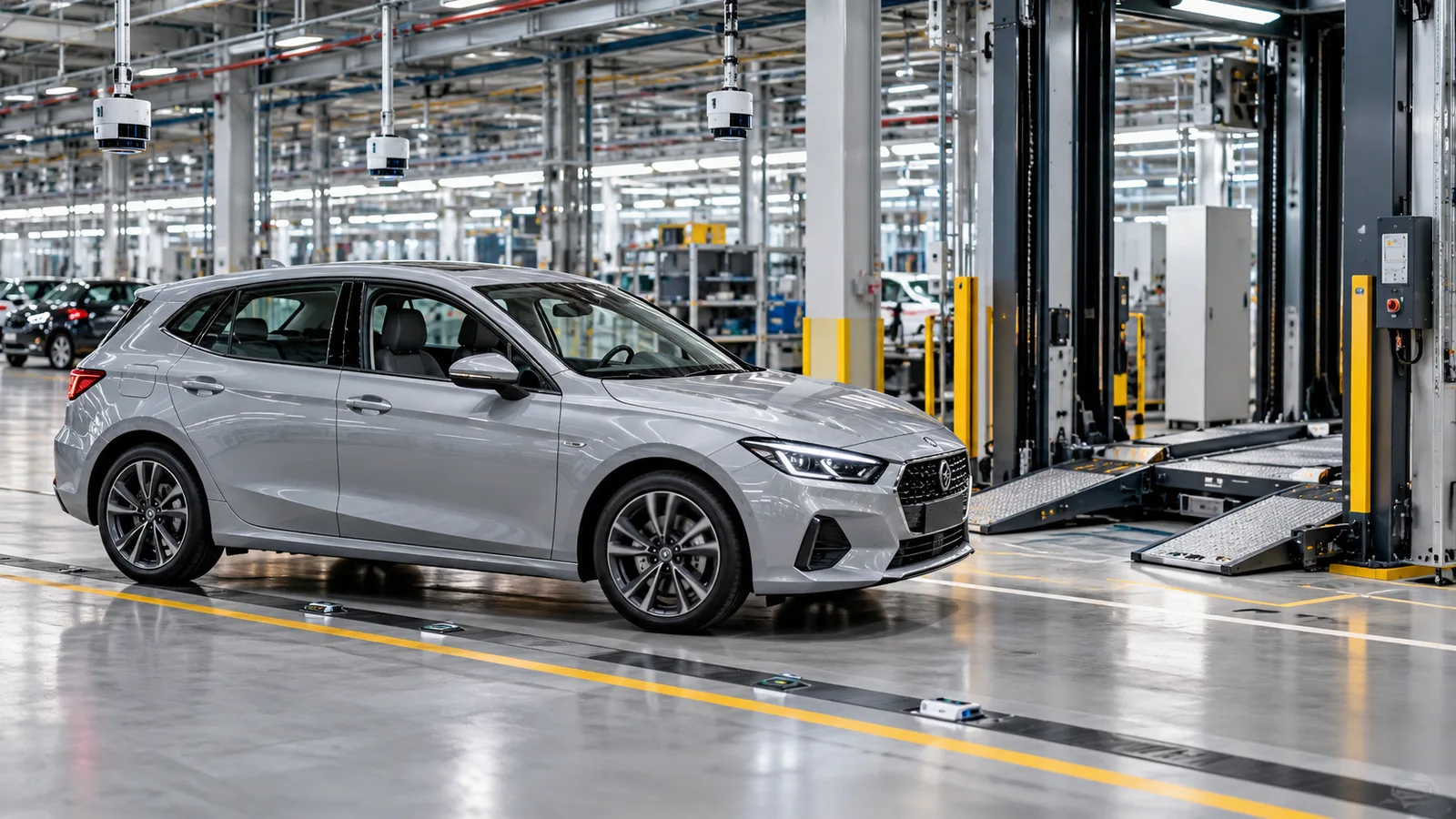 KI-Symbolbild: fahrerloses Auto auf einer markierten Fahrspur in einer Industriehalle [Bildinhalt mit KI erstellt]