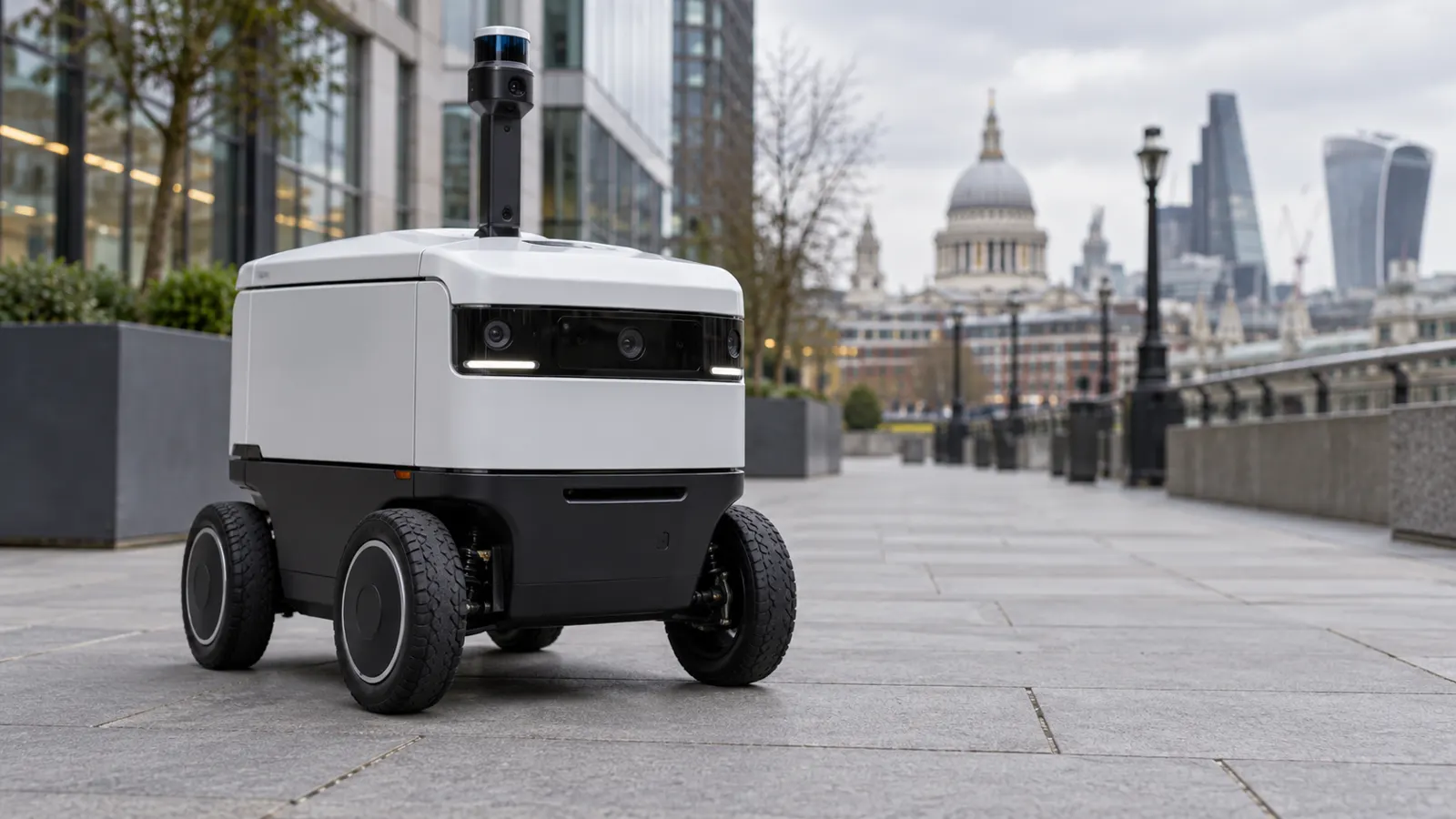 Kompakter Lieferroboter auf einem Londoner Gehweg – KI-Symbolbild, kein Coco-Fahrzeug [Bildinhalt mit KI erstellt]
