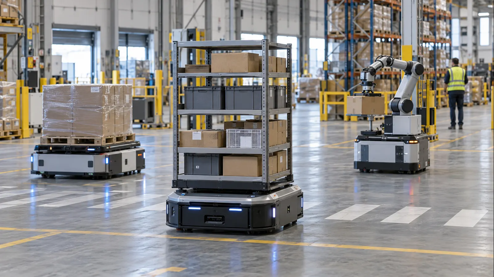 AI-generated illustration of a mixed fleet of mechanically credible warehouse robots in a modern logistics center [Image content created with AI]