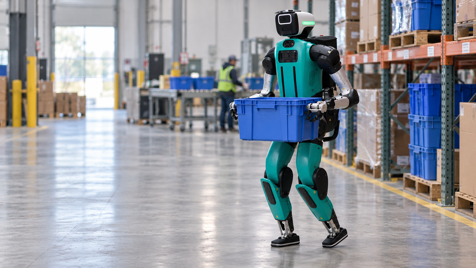 Digit 5 von Agility Robotics trägt eine blaue Transportbox im Lager – KI-Illustration [Image content created with AI]