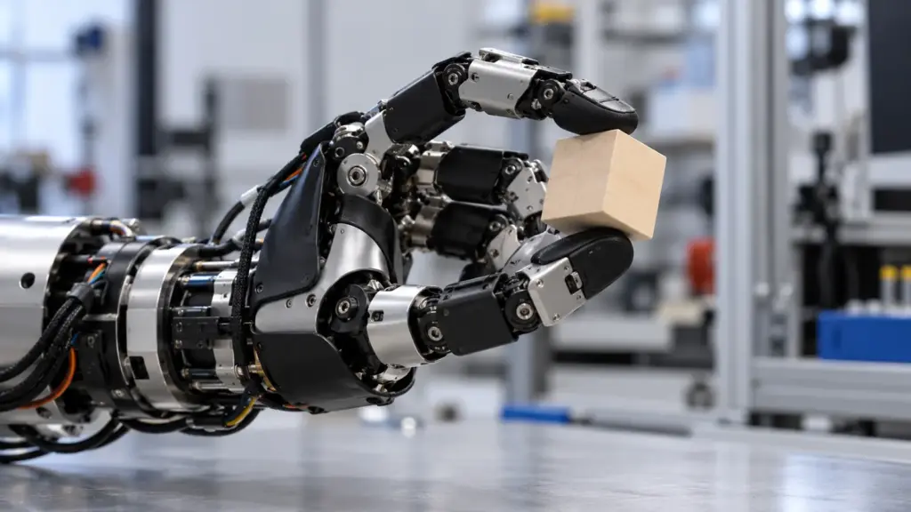 KI-Symbolbild einer mehrfingrigen Roboterhand, die einen Würfel greift