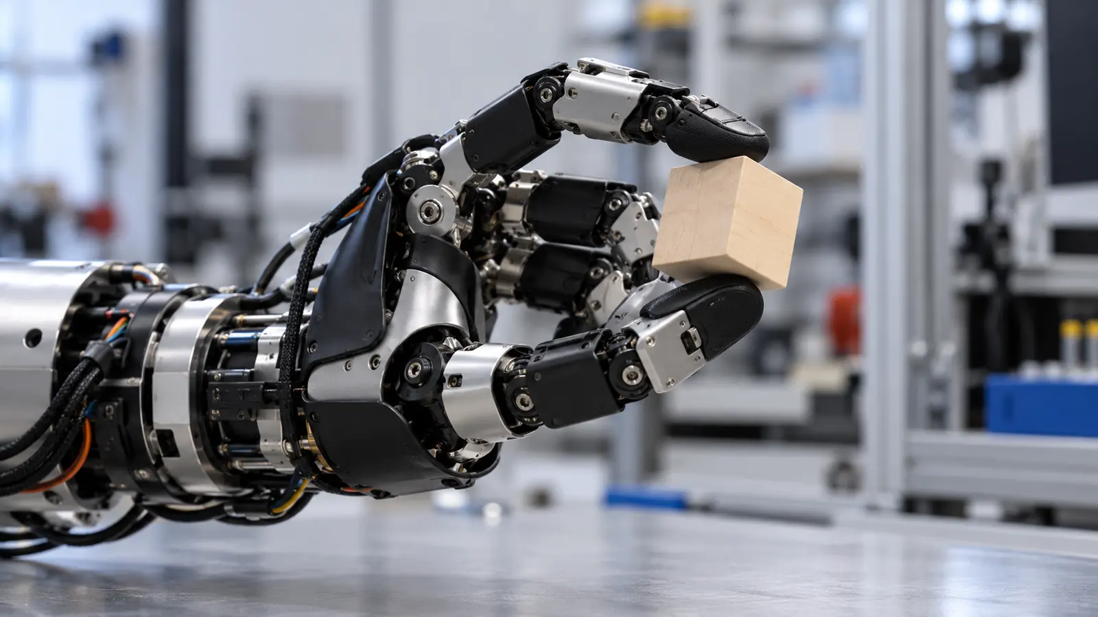 KI-Symbolbild einer mehrfingrigen Roboterhand, die einen Würfel greift [Bildinhalt mit KI erstellt]
