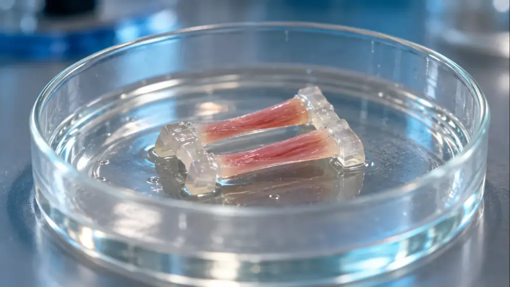 KI-generiertes Symbolbild eines kleinen Muskel-Hydrogel-Aktuators in einer Laborschale; keine Aufnahme des ETH-Versuchs