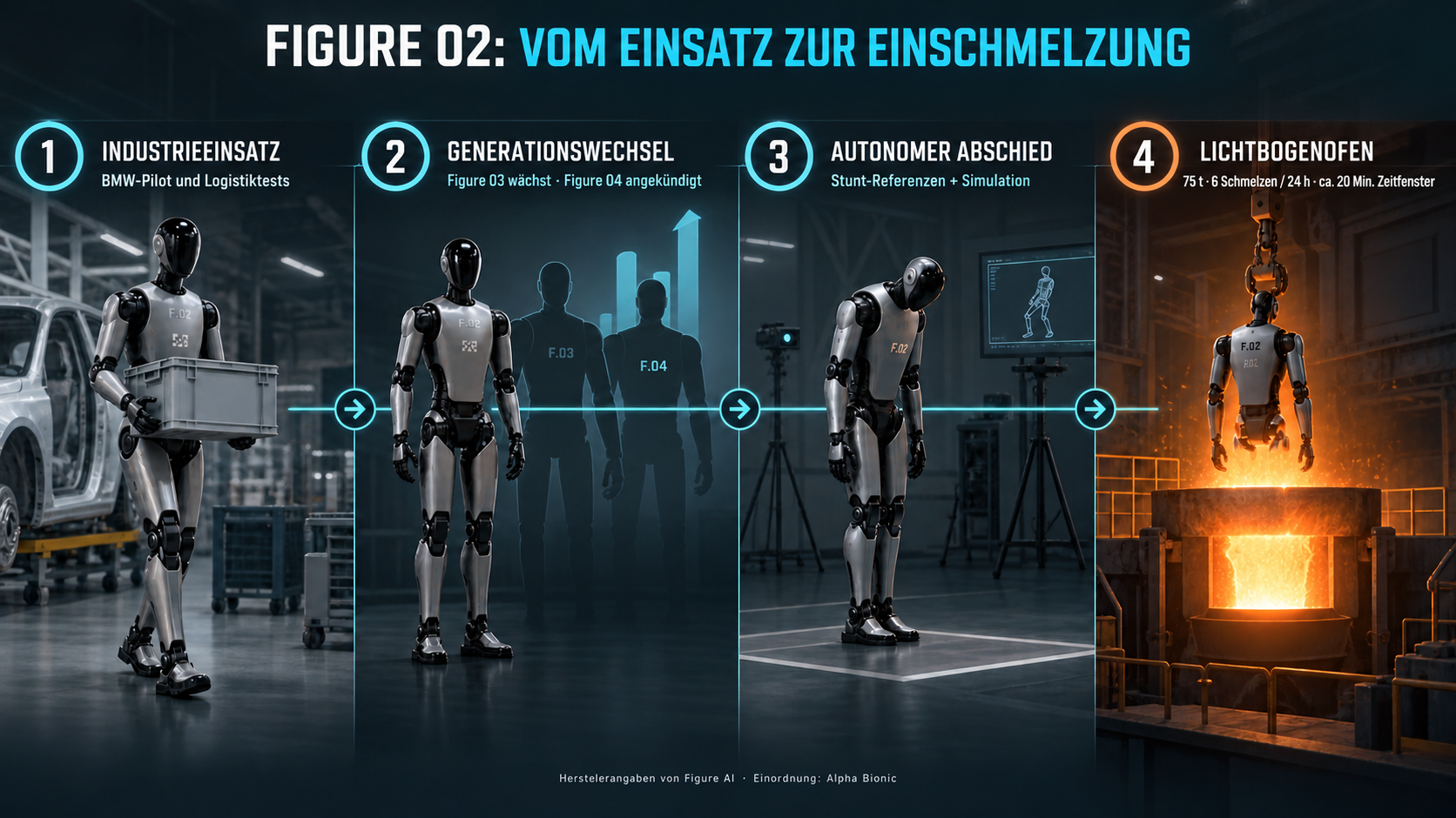 Infografik zur Außerdienststellung von Figure 02: Industrieeinsatz, Generationswechsel, Simulation und 75-Tonnen-Lichtbogenofen [Bildinhalt mit KI erstellt]