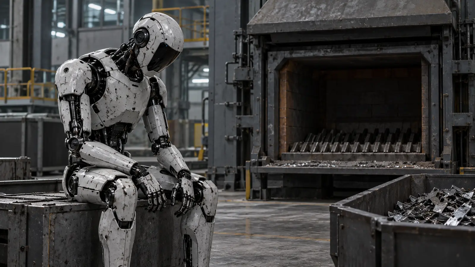 KI-generiertes Symbolbild eines ausgedienten humanoiden Roboters neben einem inaktiven Industrieofen; nicht Figure 02 [Bildinhalt mit KI erstellt]