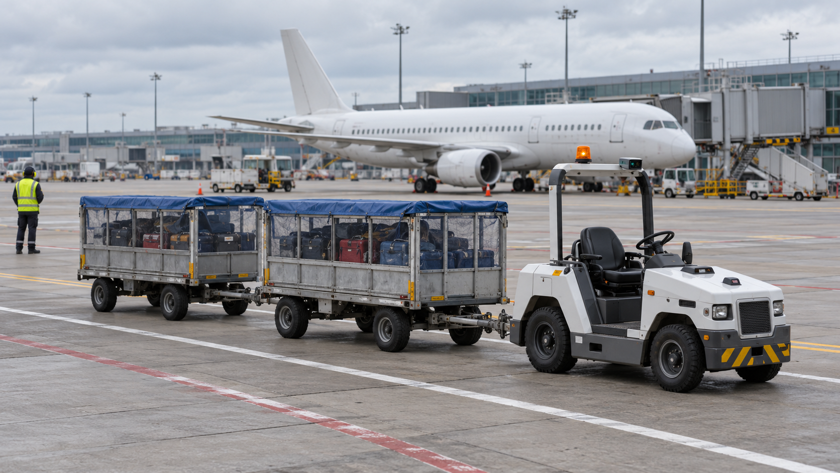 KI-Illustration: autonomer Gepäckschlepper mit Gepäckwagen am Flughafen [Image content created with AI]