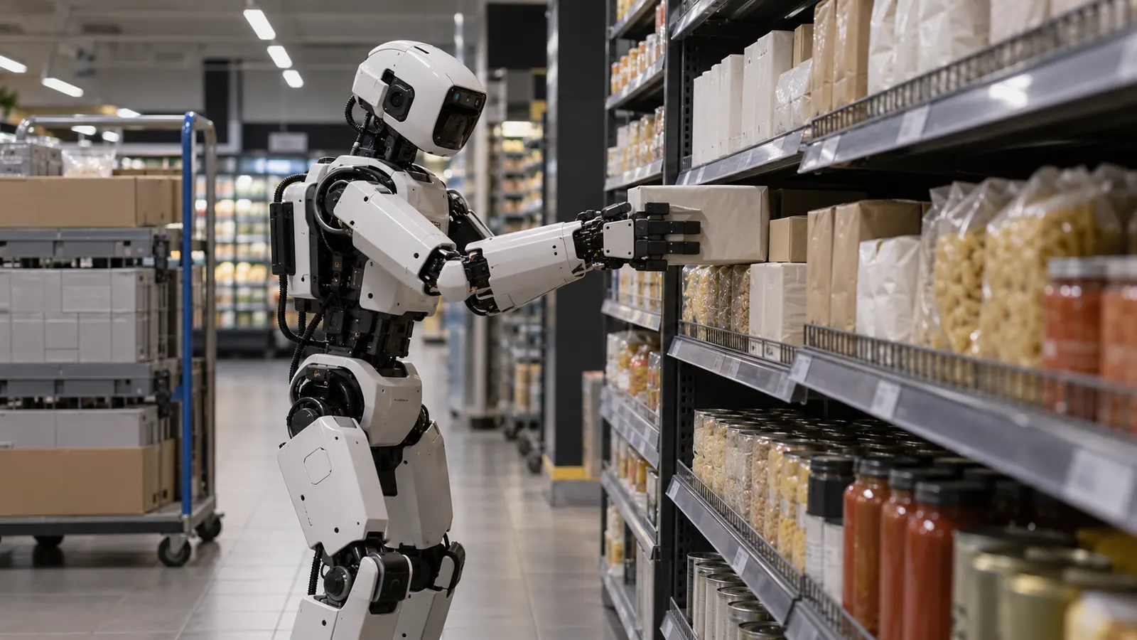 KI-Symbolbild eines humanoiden Roboters beim Einräumen eines Supermarktregals; nicht der HIVE-Roboter oder der Føtex-Markt [Bildinhalt mit KI erstellt]
