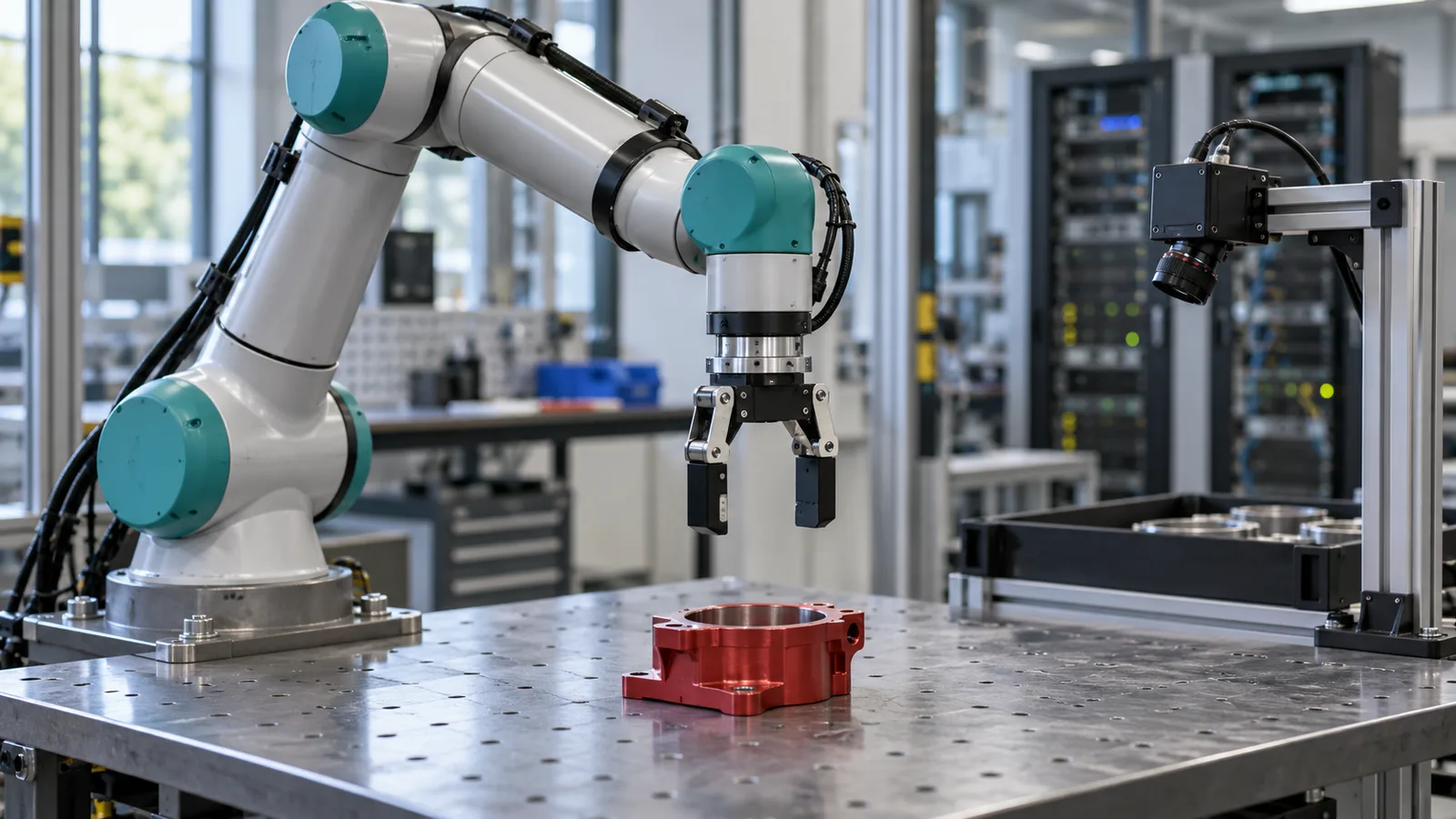 Ilustración de IA: robot industrial con pinza paralela y cámara en una mesa de trabajo [Bildinhalt mit KI erstellt]