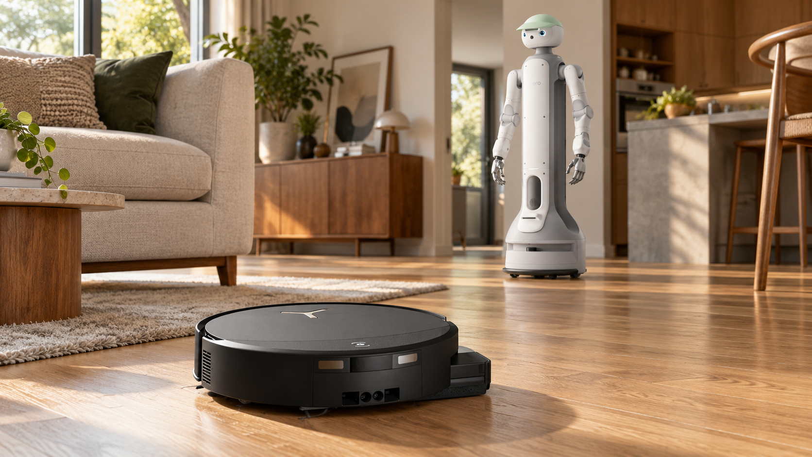 Ecovacs T90 PRO OMNI und SwitchBot Onero H1 im Wohnraum – referenzbasierte KI-Illustration [Bildinhalt mit KI erstellt]