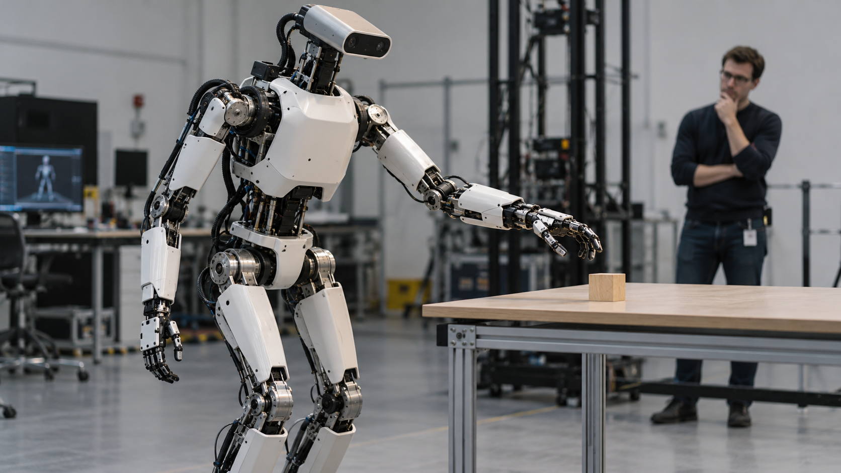 Humanoider Roboter greift in einer kontrollierten Laborsituation nach einem Holzklotz [Bildinhalt mit KI erstellt]