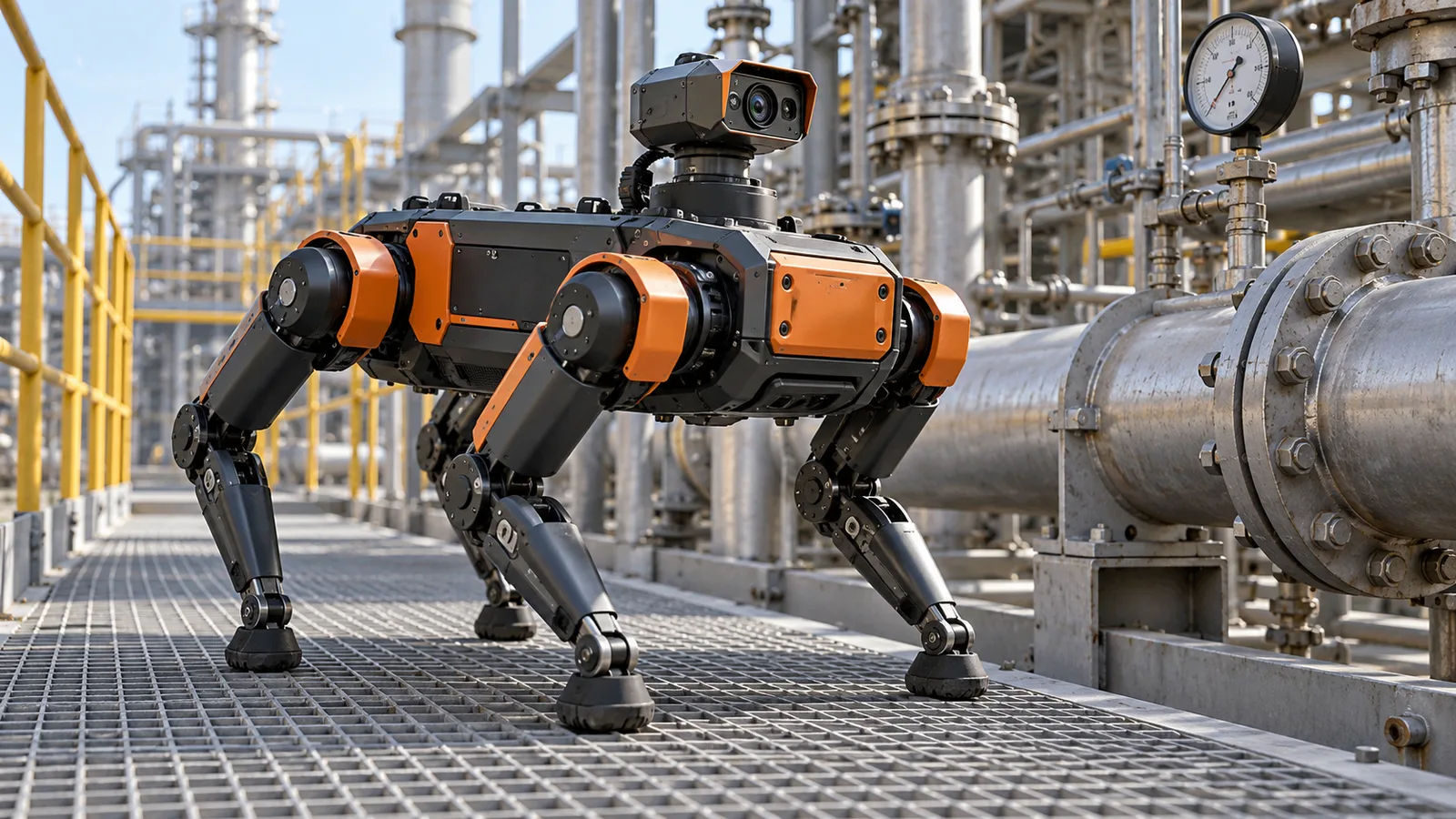 KI-Symbolbild: vierbeiniger Inspektionsroboter auf einem Gitterrost zwischen Industrie-Rohrleitungen [Bildinhalt mit KI erstellt]