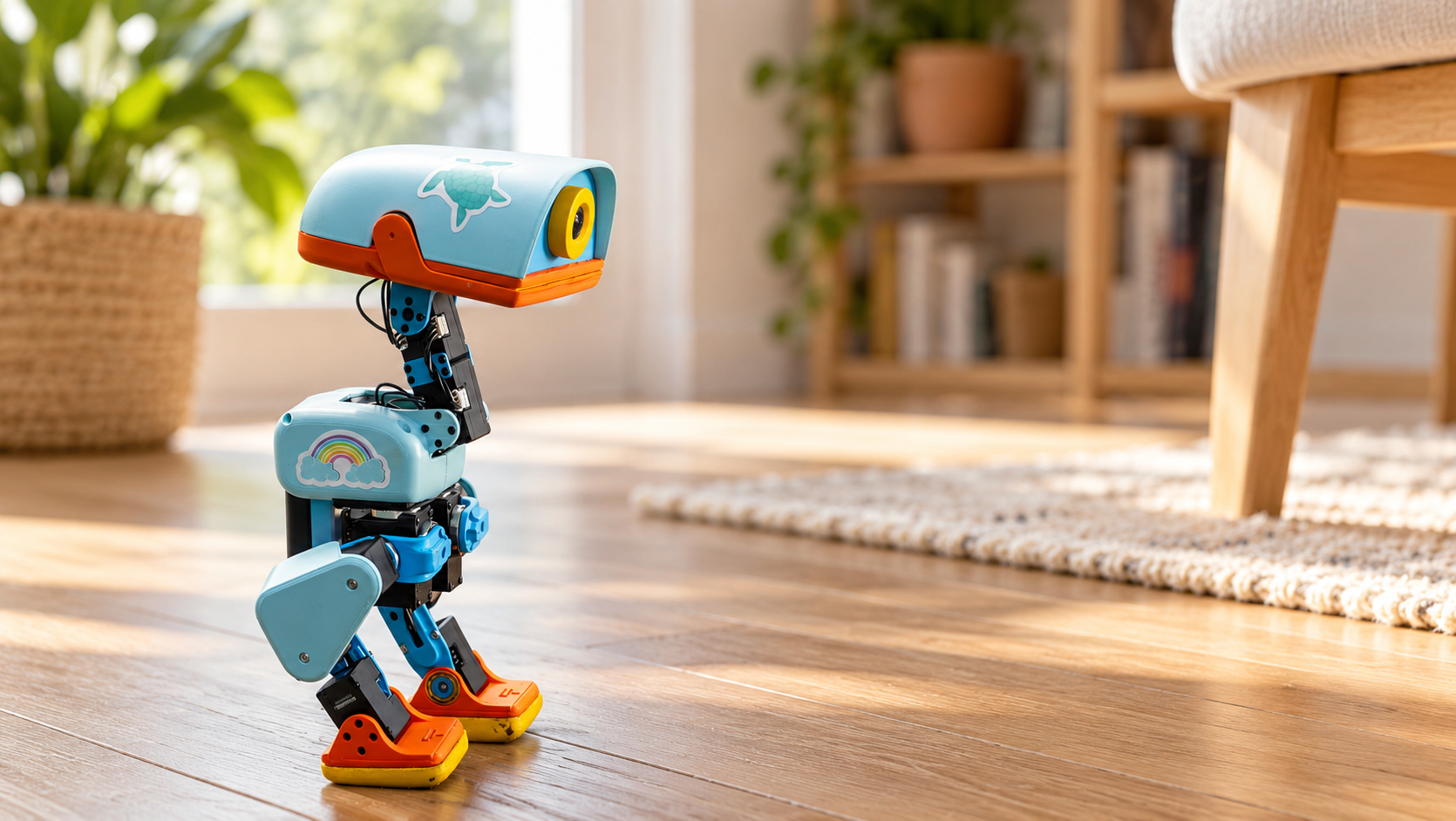 Microduck von Pollen Robotics in einer KI-erzeugten Wohnumgebung – Illustration nach realem Pressefoto [Image content created with AI]