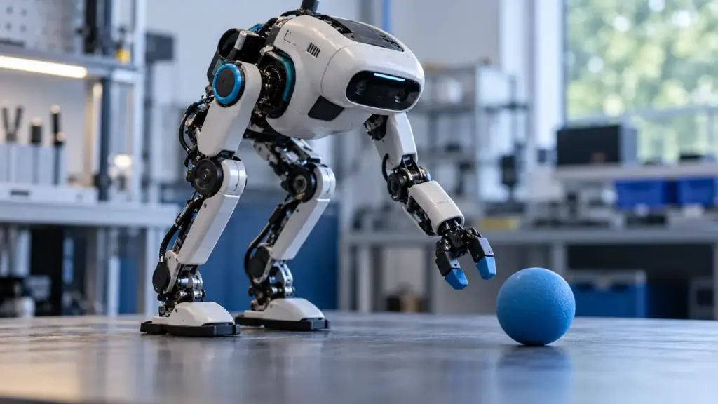 KI-generiertes Symbolbild eines kleinen Forschungsroboters mit Ball im Labor; nicht der Microduck von Pollen Robotics