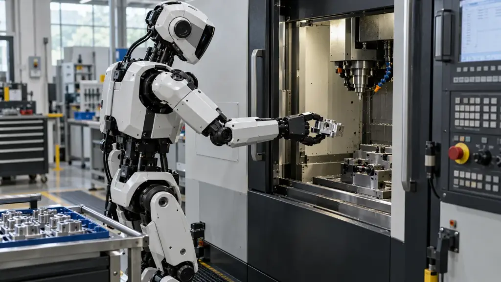 KI-Symbolbild: humanoider Roboter hält ein Metallwerkstück vor einer CNC-Maschine