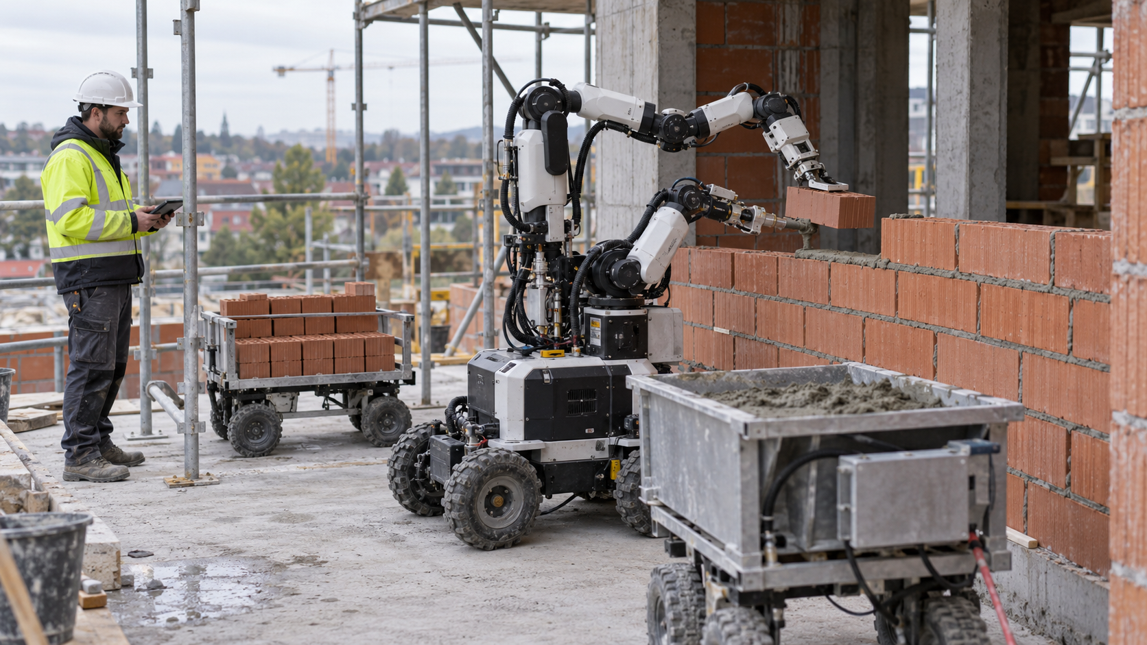 KI-generiertes Symbolbild: kompakter Mauerroboter mit zwei Armen setzt einen Ziegel an einer Baustellenwand; ein Bauarbeiter beaufsichtigt ihn. [Bildinhalt mit KI erstellt]