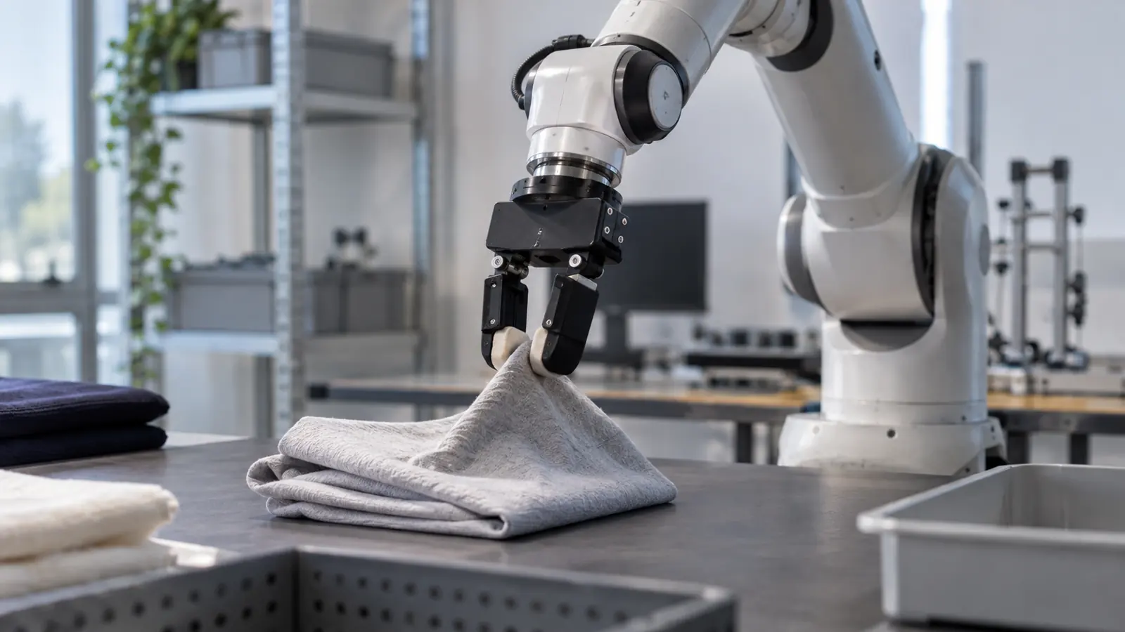 KI-Symbolbild: Roboterarm greift ein Stoffstück mit sensorgestütztem Greifer [Bildinhalt mit KI erstellt]