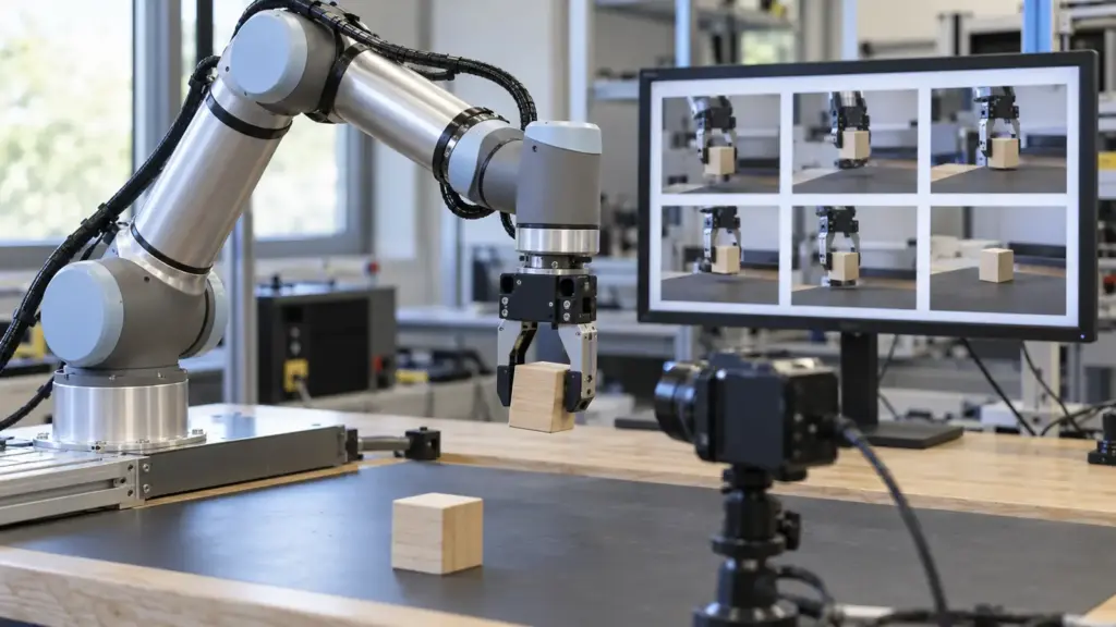 Industrieroboterarm bewegt einen Holzblock vor einer Kamera; redaktionelles KI-Symbolbild für die Videoauswertung