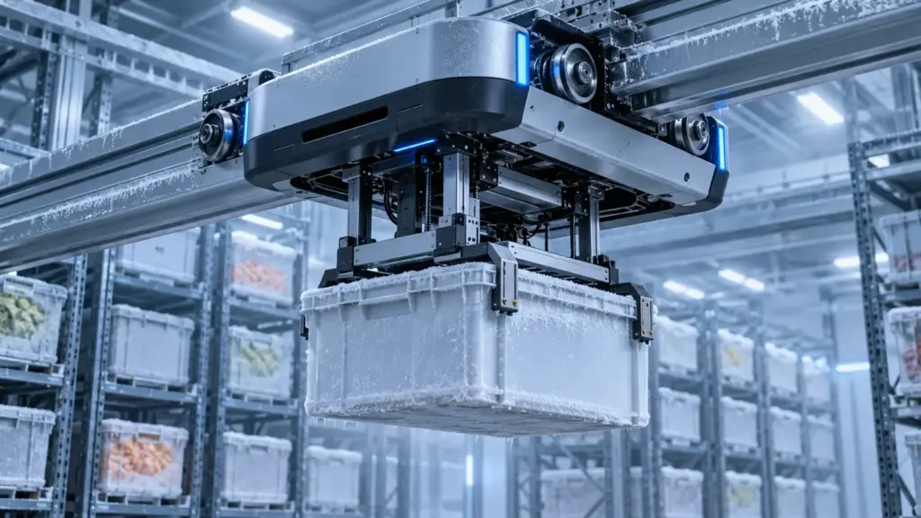 KI-generiertes Symbolbild eines Lagerroboters über einer Kühlhaus-Rasterstruktur; keine Aufnahme des AEON-Standorts