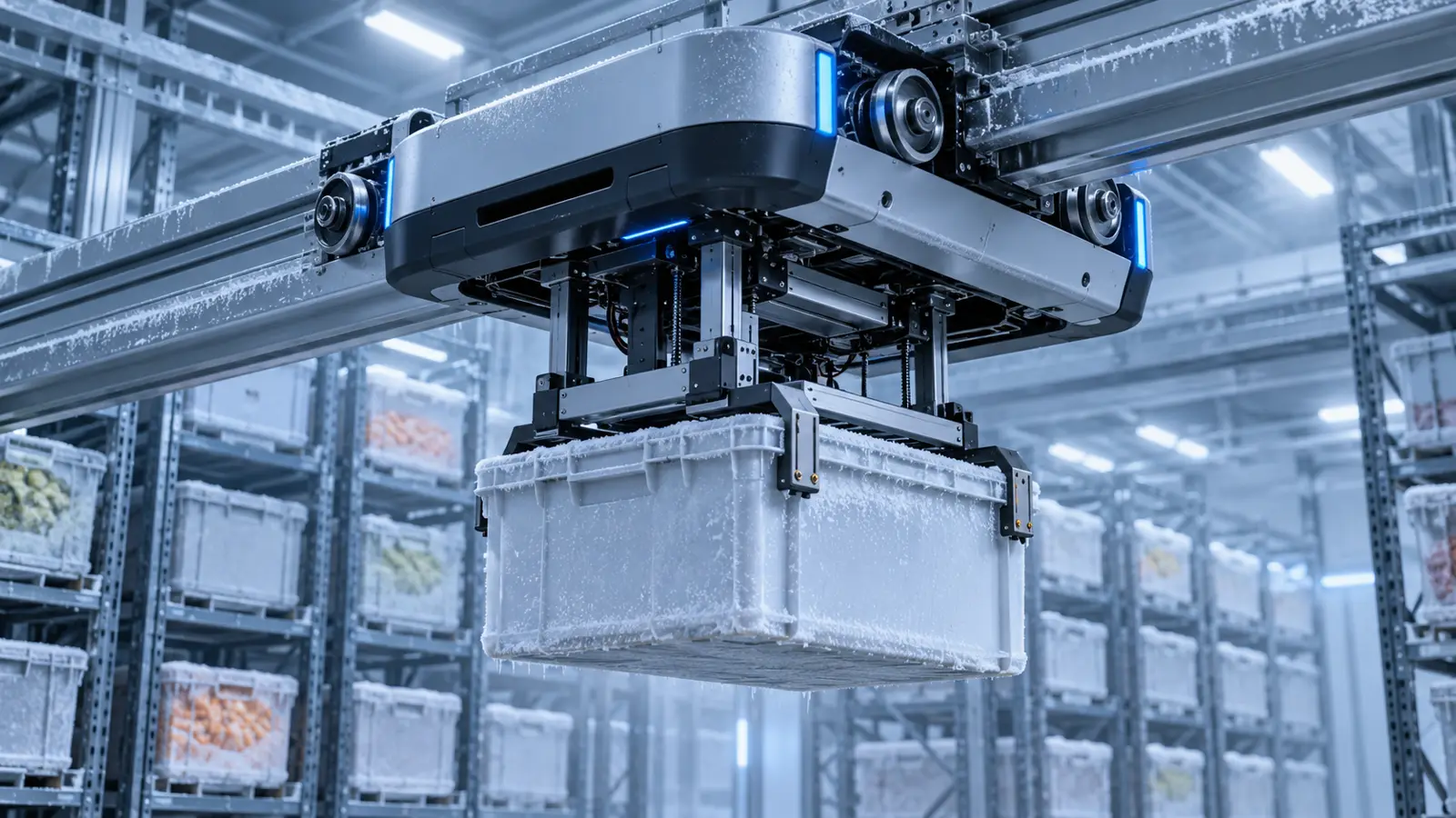 KI-generiertes Symbolbild eines Lagerroboters über einer Kühlhaus-Rasterstruktur; keine Aufnahme des AEON-Standorts [Bildinhalt mit KI erstellt]