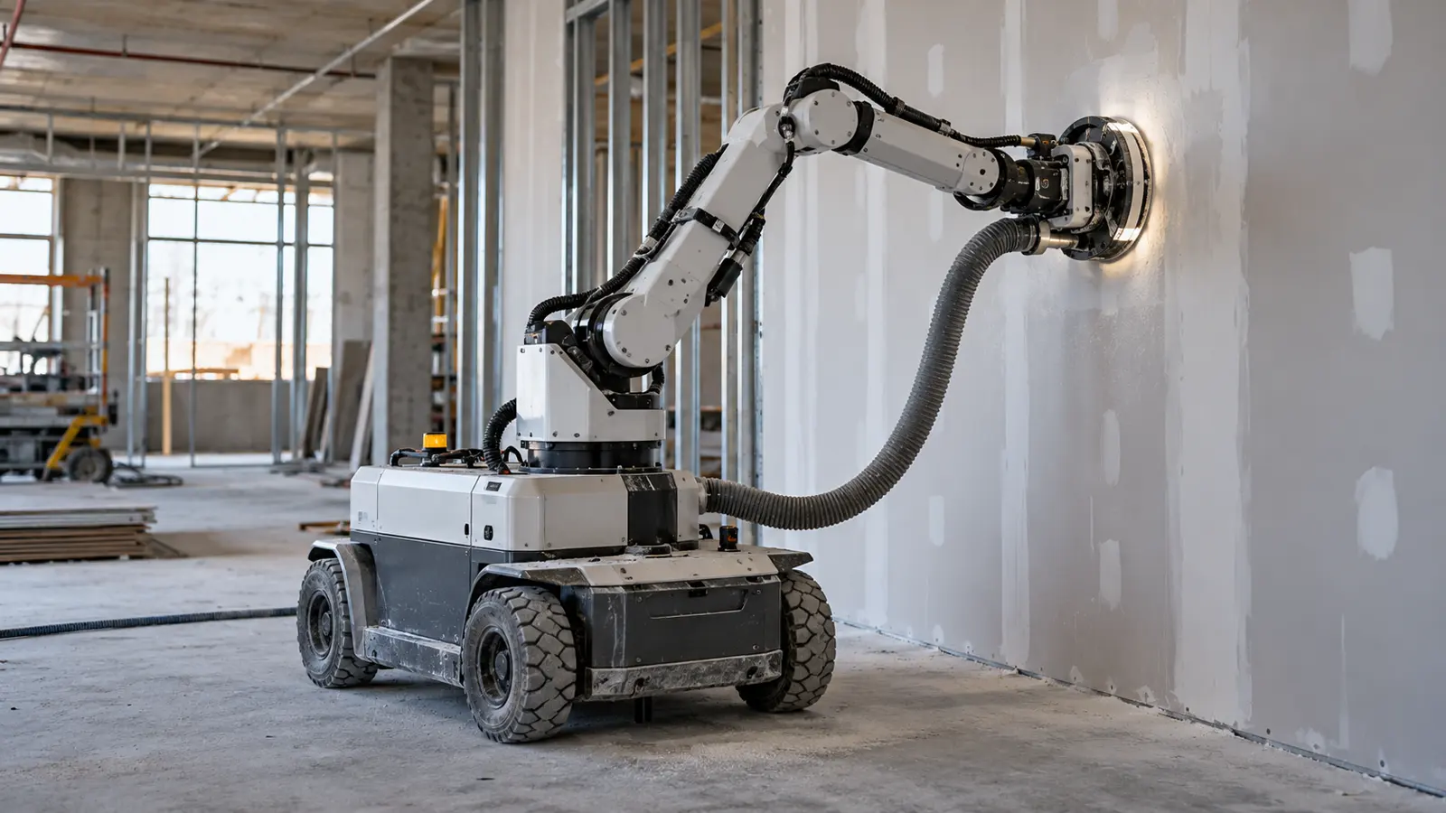 AI-generated symbolic image of a mobile construction robot sanding drywall [Image content created with AI]