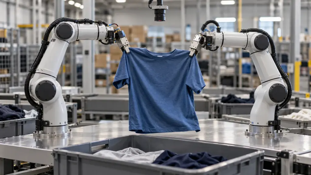 KI-Symbolbild: Zwei Roboterarme halten ein blaues Kleidungsstück über einer Sortierstation. [Bildinhalt mit KI erstellt]