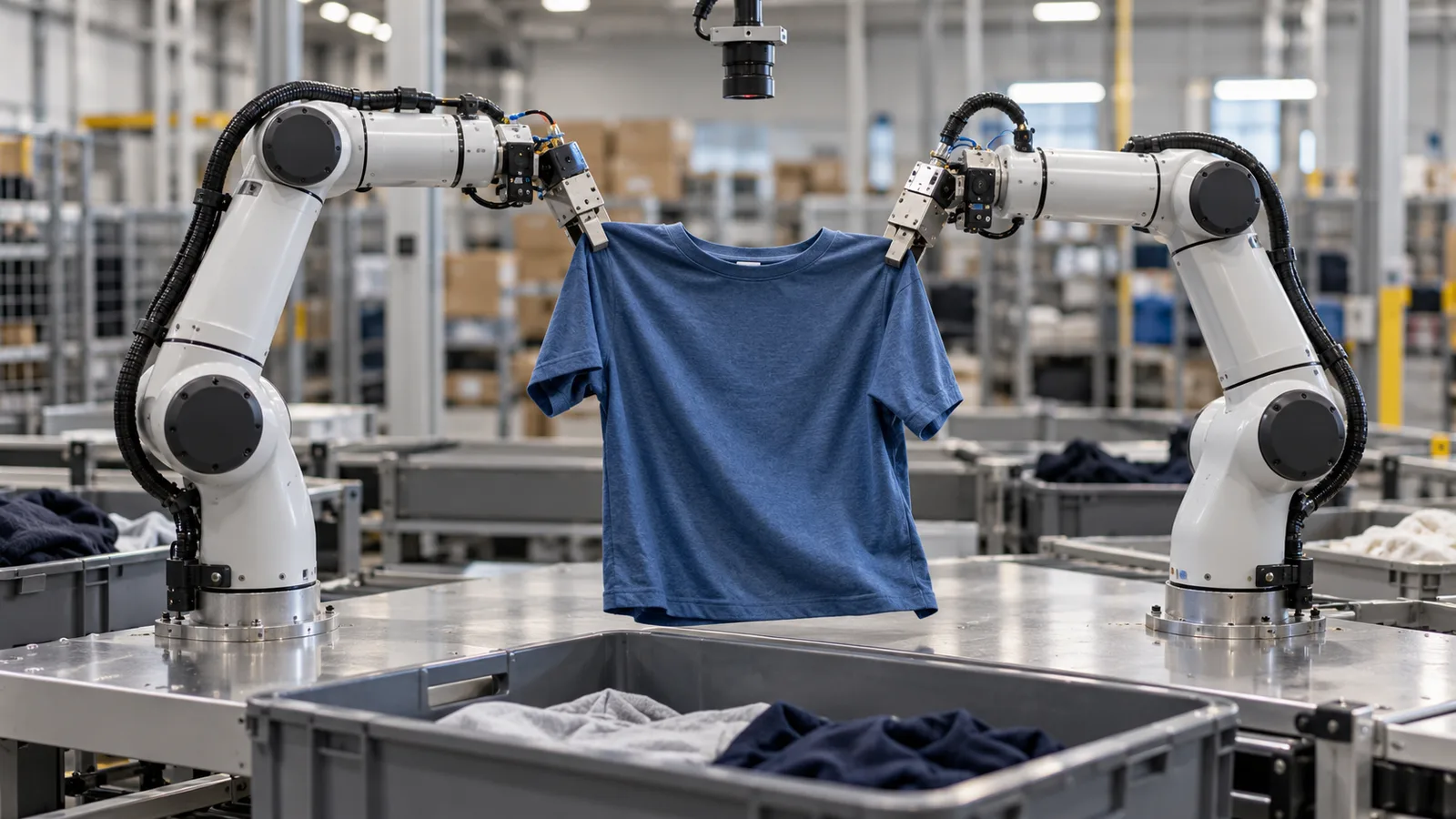 KI-Symbolbild: Zwei Roboterarme halten ein blaues Kleidungsstück über einer Sortierstation. [Bildinhalt mit KI erstellt]