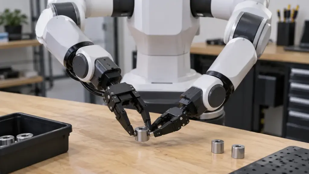 KI-Symbolbild: Roboterarme greifen ein Metallteil auf einer Werkbank