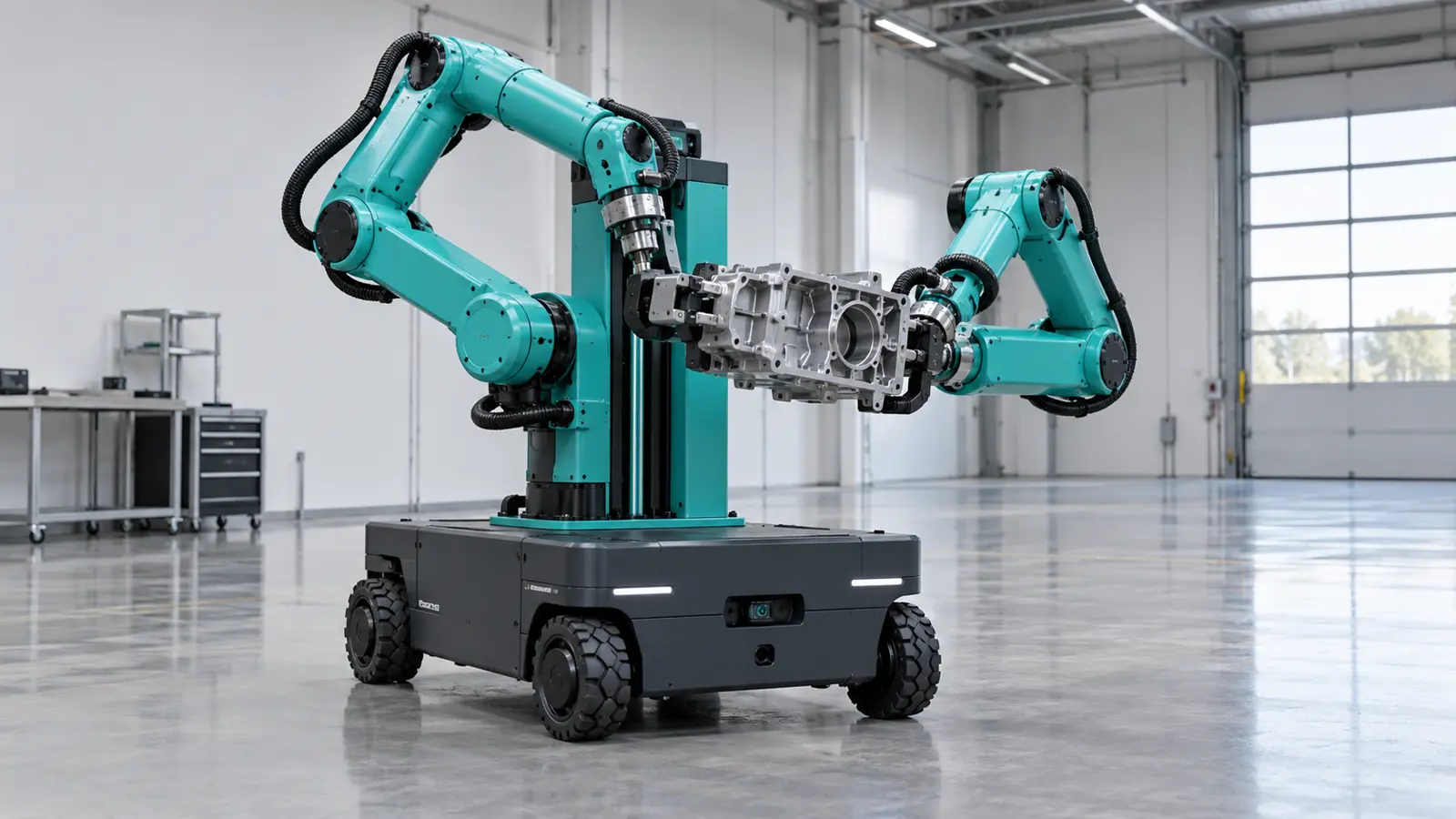 KI-generiertes Symbolbild eines mobilen Zweiarm-Roboters in einer Werkhalle; kein PLEXA One von fruitcore robotics [Bildinhalt mit KI erstellt]
