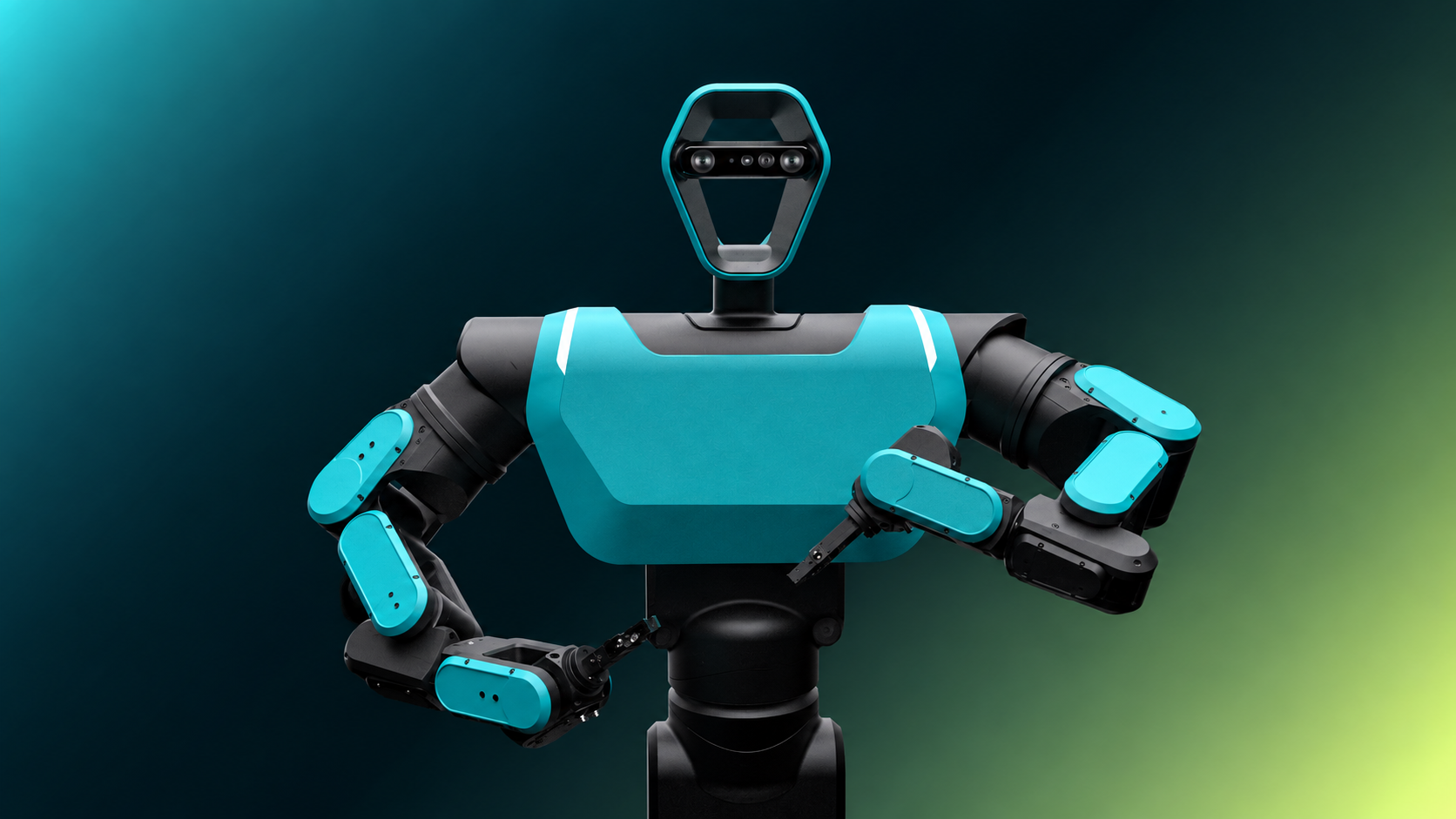 PLEXA One von fruitcore robotics mit zwei türkisfarbenen Roboterarmen vor dunklem Hintergrund [Bildinhalt mit KI erstellt]