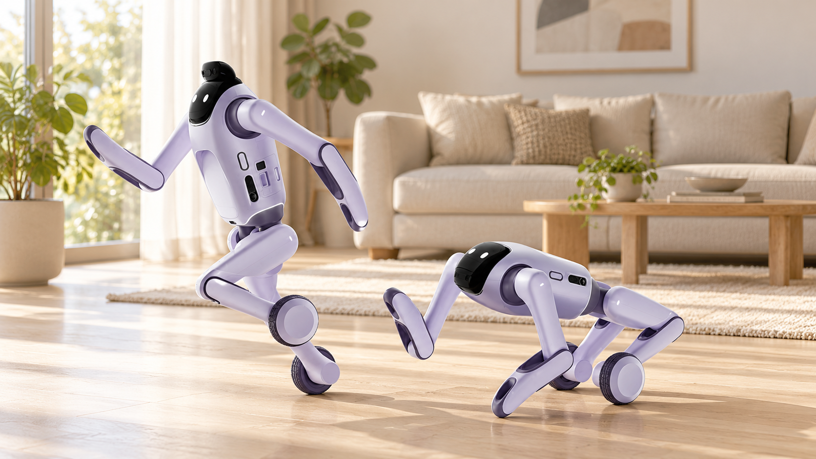 KI-Illustration: PrimeBOT T1 in zwei Konfigurationen in einem erzeugten Wohnzimmer [Image content created with AI]