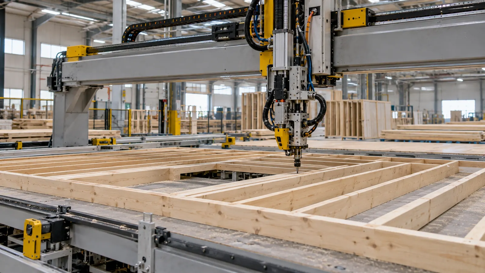 Industrieroboter an einem Holz-Wandelement in einer Werkhalle – KI-Symbolbild, keine Aufnahme der geplanten Promise-Fabrik [Bildinhalt mit KI erstellt]