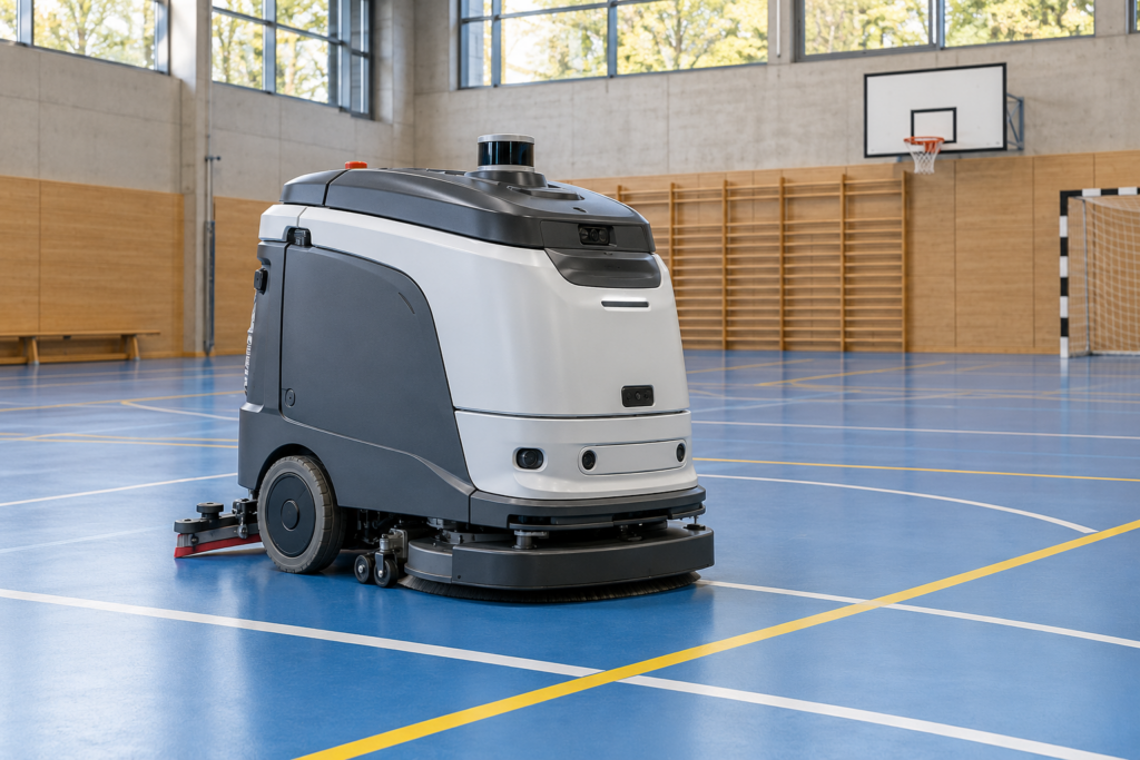 Autonomer Reinigungsroboter auf dem blauen Sporthallenboden – KI-Illustration