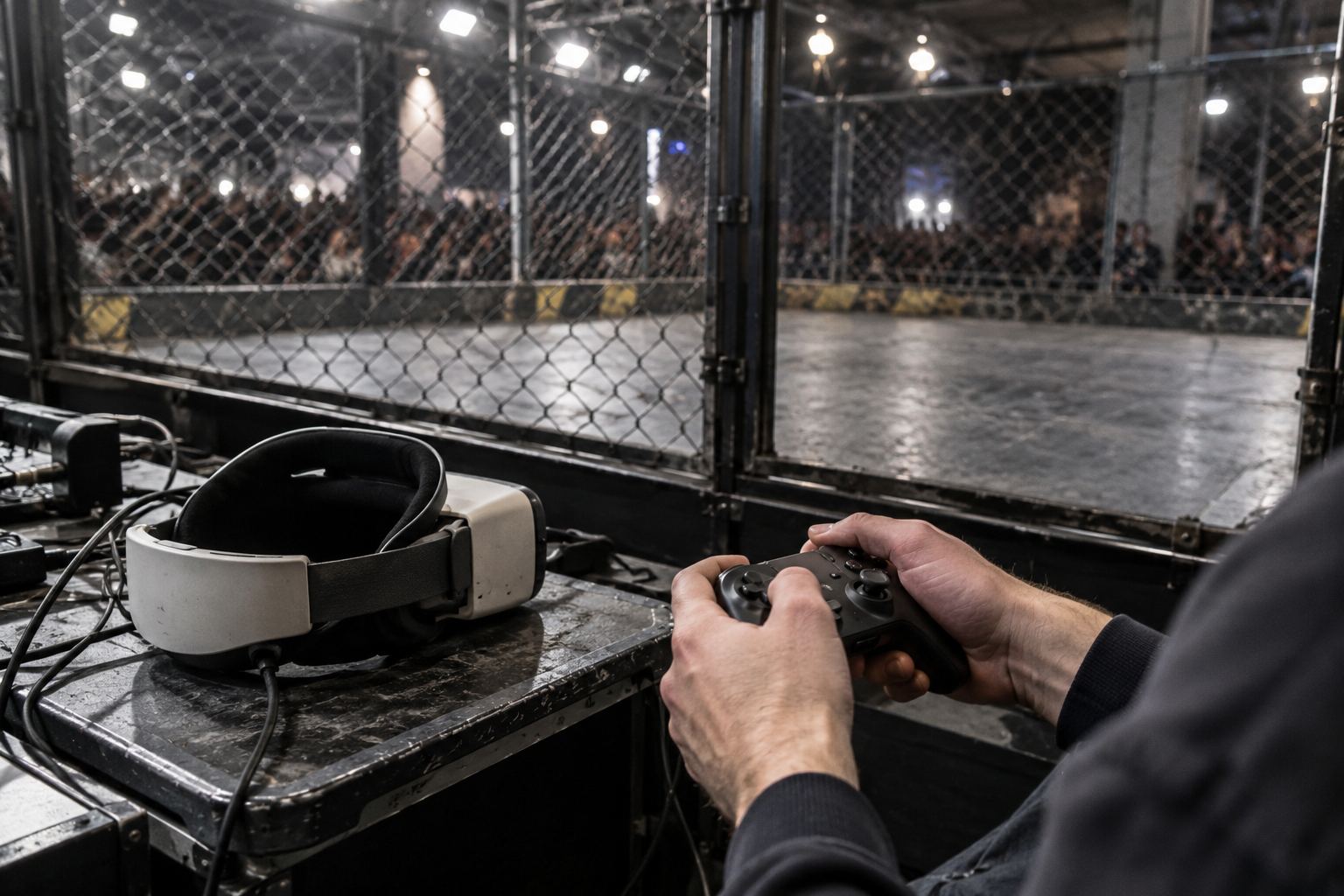 Editorial AI illustration: hands using a gamepad and VR headset beside an empty robot arena [Image content created with AI]
