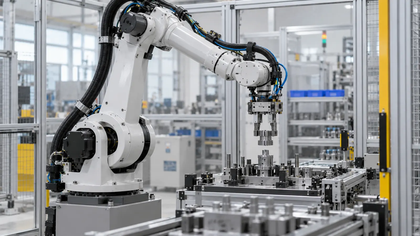 Industrieroboterarm greift ein Metallbauteil in einer Fertigungszelle – KI-Symbolbild [Bildinhalt mit KI erstellt]