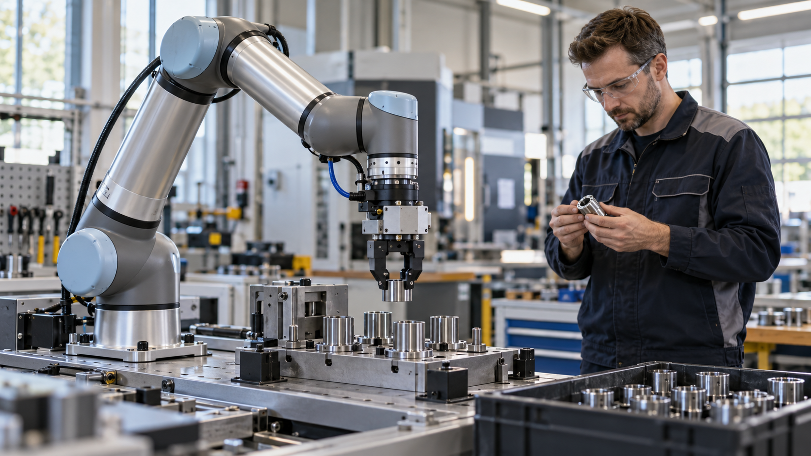 Roboterarm bewegt ein Metallteil, während ein Techniker ein Werkstück kontrolliert [Bildinhalt mit KI erstellt]