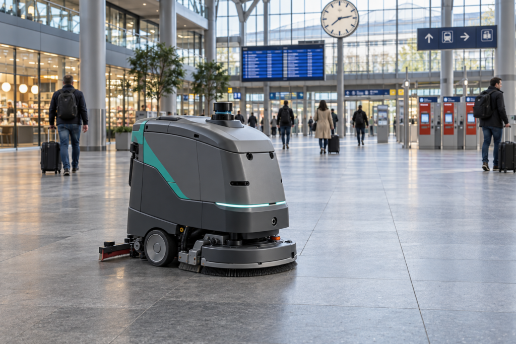Reinigungsroboter in einer weitläufigen Bahnhofshalle mit Reisenden im Hintergrund – KI-Illustration.