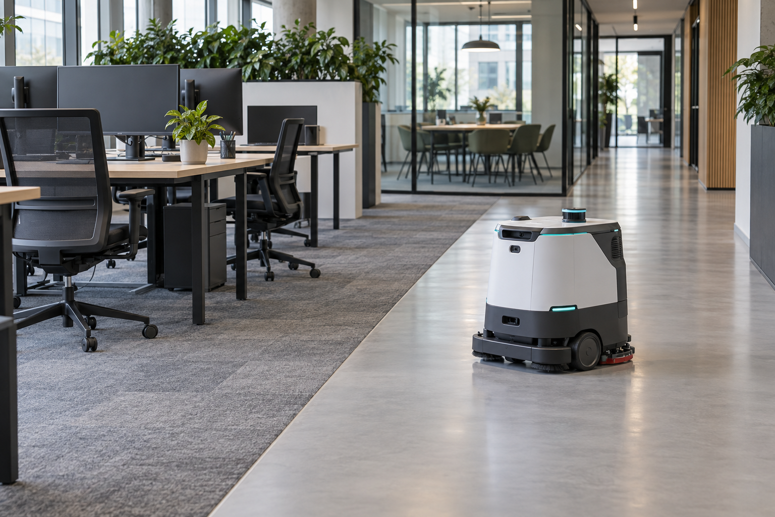 Kompakter Reinigungsroboter im Büro auf einem Hartbodenflur neben Arbeitsplätzen mit Teppichboden – KI-generierte Illustration [Bildinhalt mit KI erstellt]