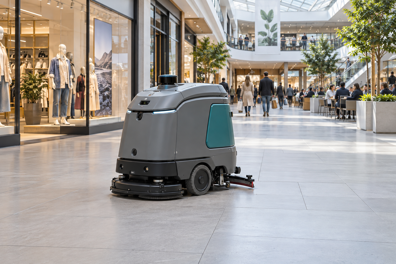 Bodenreinigungsroboter im Einkaufszentrum zwischen Schaufenstern und Foodcourt – KI-Illustration. [Bildinhalt mit KI erstellt]