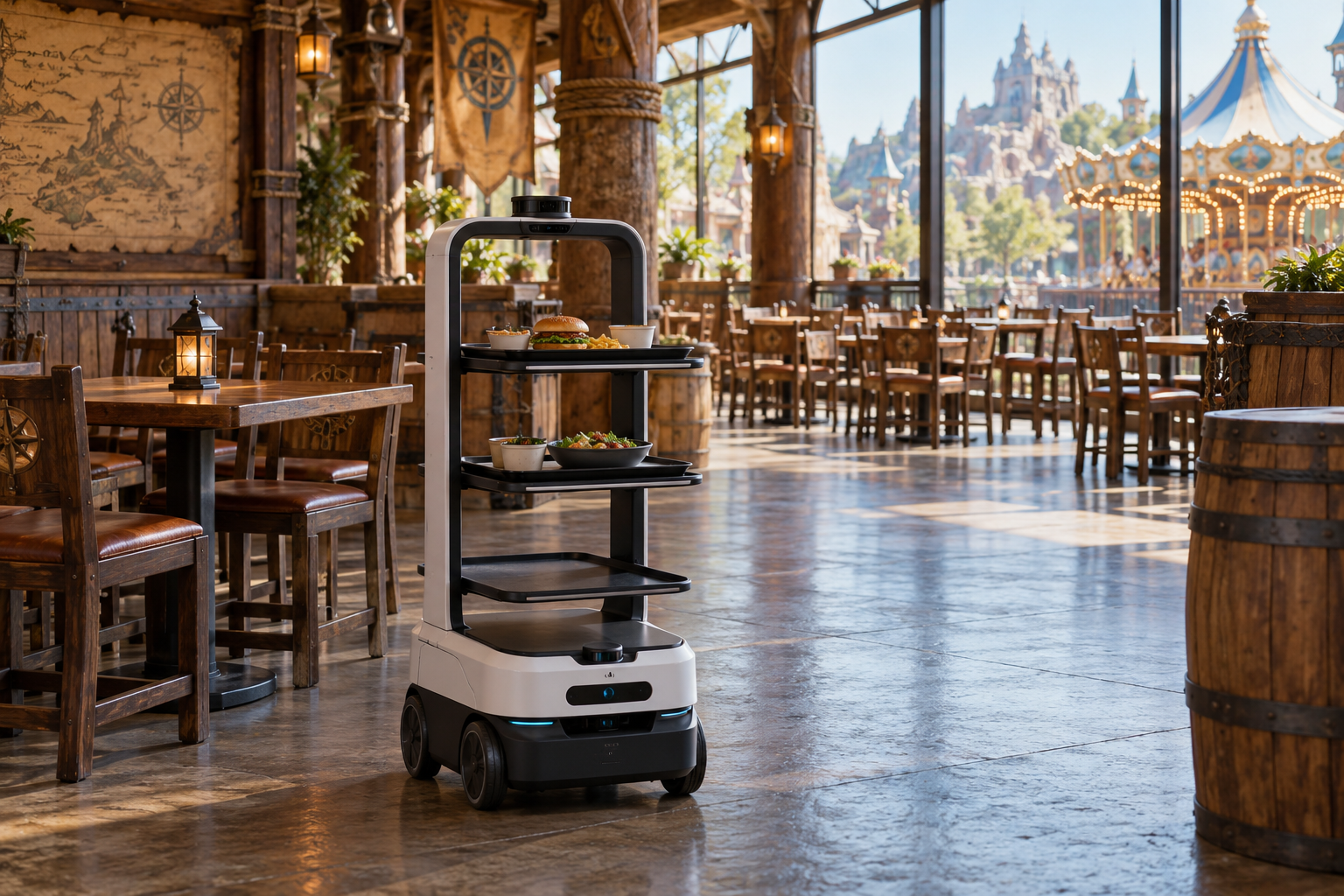 Transportroboter mit Speisentabletts im Restaurant eines Freizeitparks – KI-Illustration [Bildinhalt mit KI erstellt]