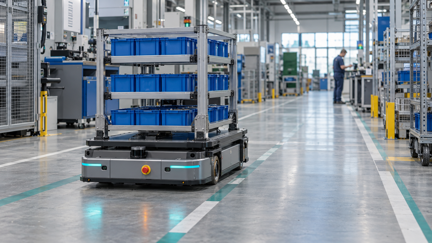 Autonomer Transportroboter mit blauen Materialbehältern in einer Produktionshalle. [Bildinhalt mit KI erstellt]