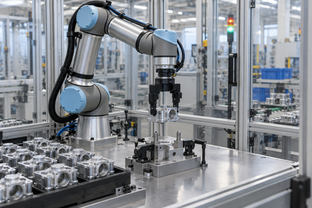 Roboter für Montage und Handling hält ein Aluminiumgehäuse über einer Vorrichtung – KI-Illustration.
