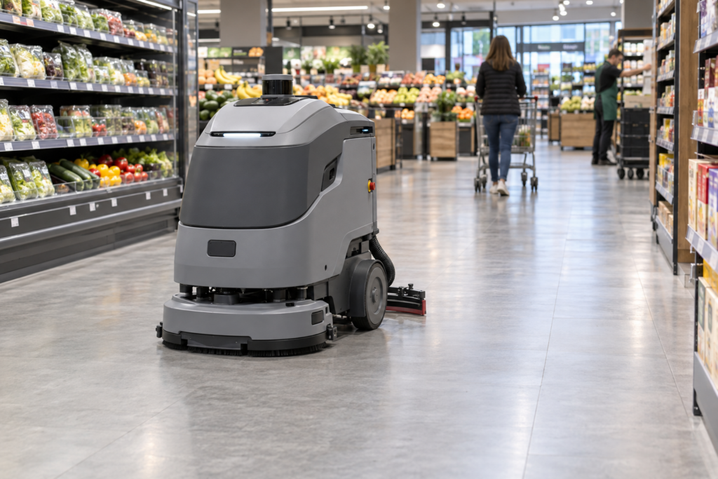 Bodenreinigungsroboter im Supermarkt mit Einkaufswagen und Warenverräumung im Hintergrund – KI-Illustration.
