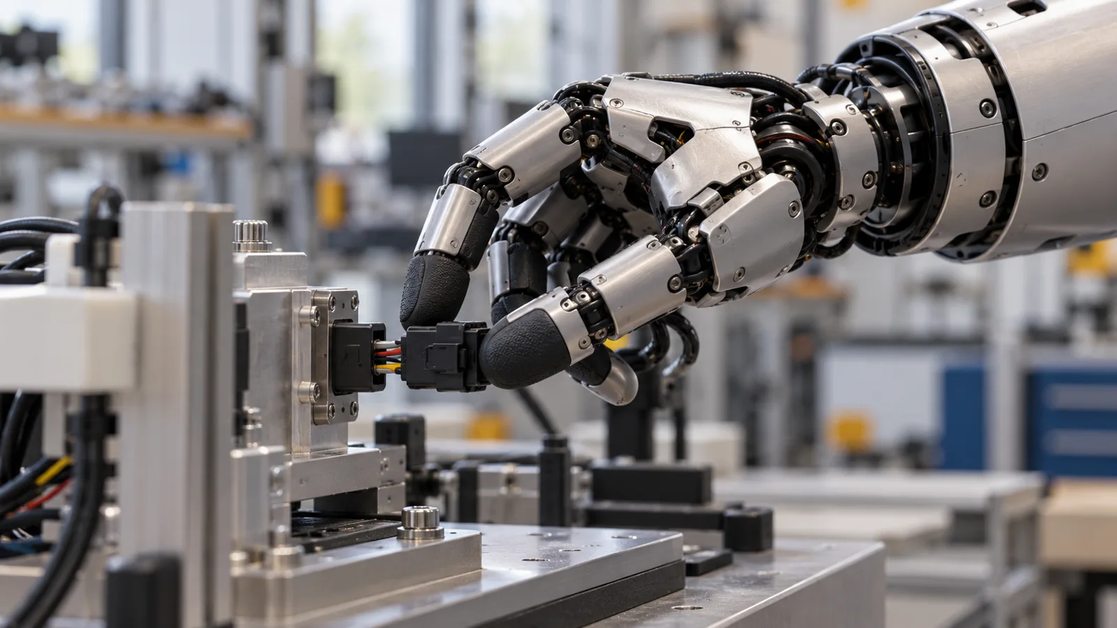 KI-Symbolbild: Eine Roboterhand führt einen Steckverbinder an einer Montagevorrichtung. [Bildinhalt mit KI erstellt]