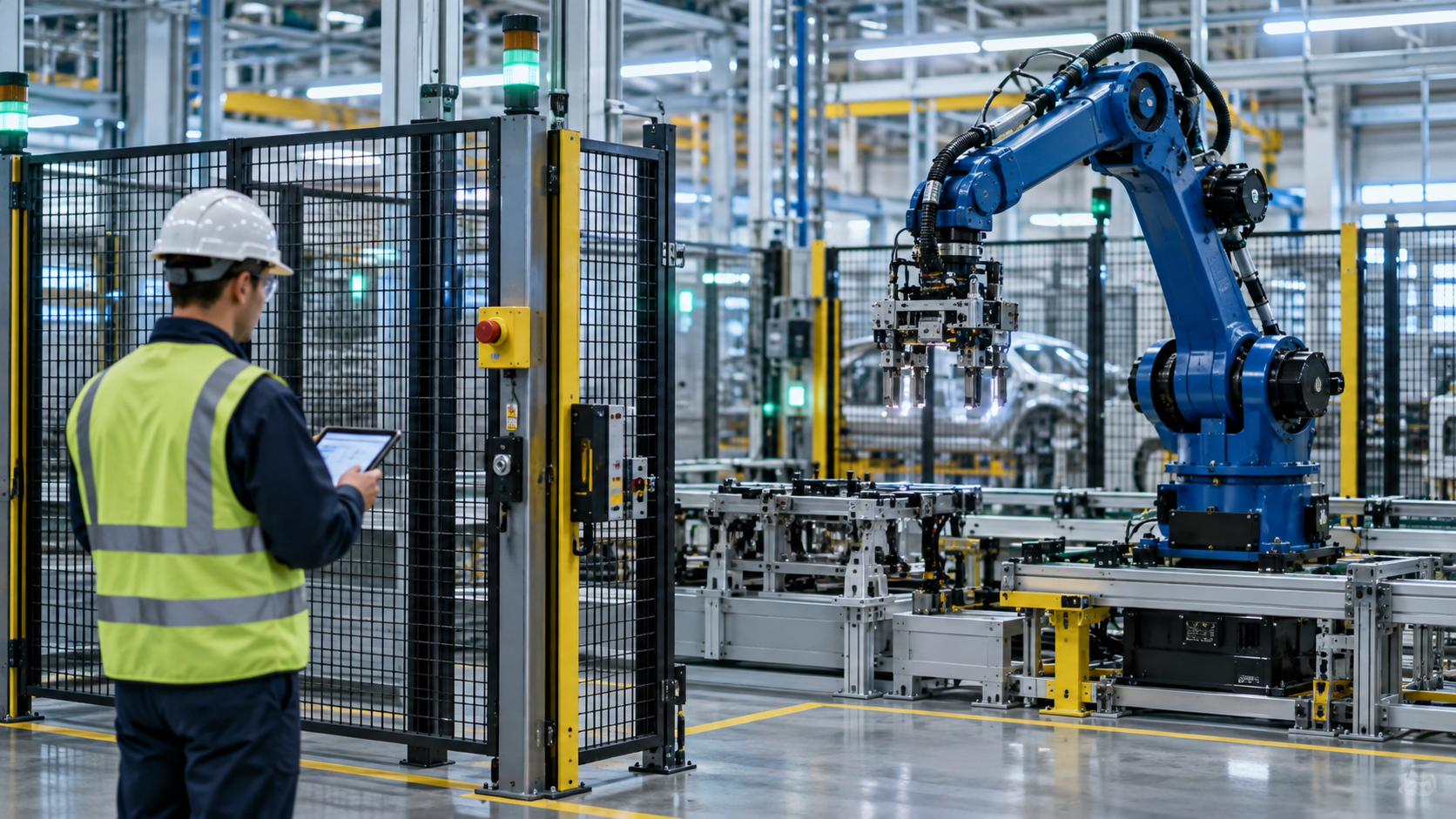 Industrieroboter in einer abgesicherten Produktionszelle mit Wartungstechniker außerhalb des Schutzzauns [Bildinhalt mit KI erstellt]