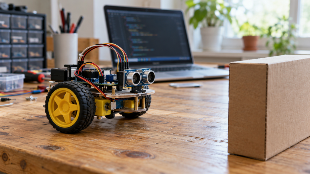 Kleiner Lernroboter mit Abstandssensor vor einem Karton auf einer Werkbank