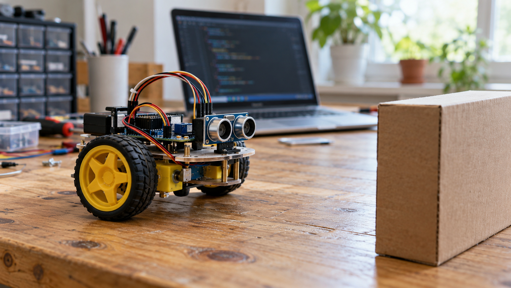 Kleiner Lernroboter mit Abstandssensor vor einem Karton auf einer Werkbank [Bildinhalt mit KI erstellt]