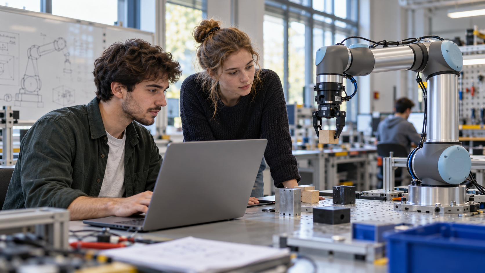 Zwei Studierende untersuchen einen Roboterarm im Hochschullabor [Bildinhalt mit KI erstellt]
