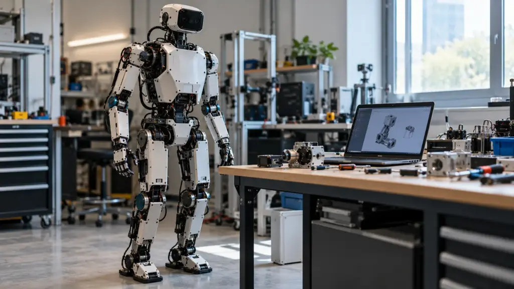 KI-Symbolbild eines kompakten Forschungs-Humanoiden im Labor; nicht der RoboParty RP1